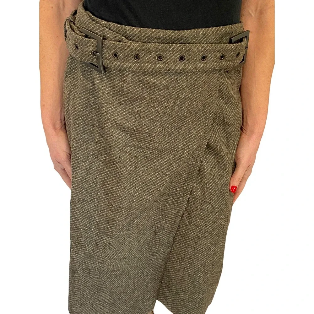 Calvin Klein Made In Italy $640 Olive Green Wool Blend Belted Wrap Skirt  NWT 4